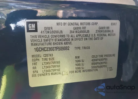 2007 Chevrolet Silverado Lt2 from USA, damaged, VIN 1GCHC23607F509082